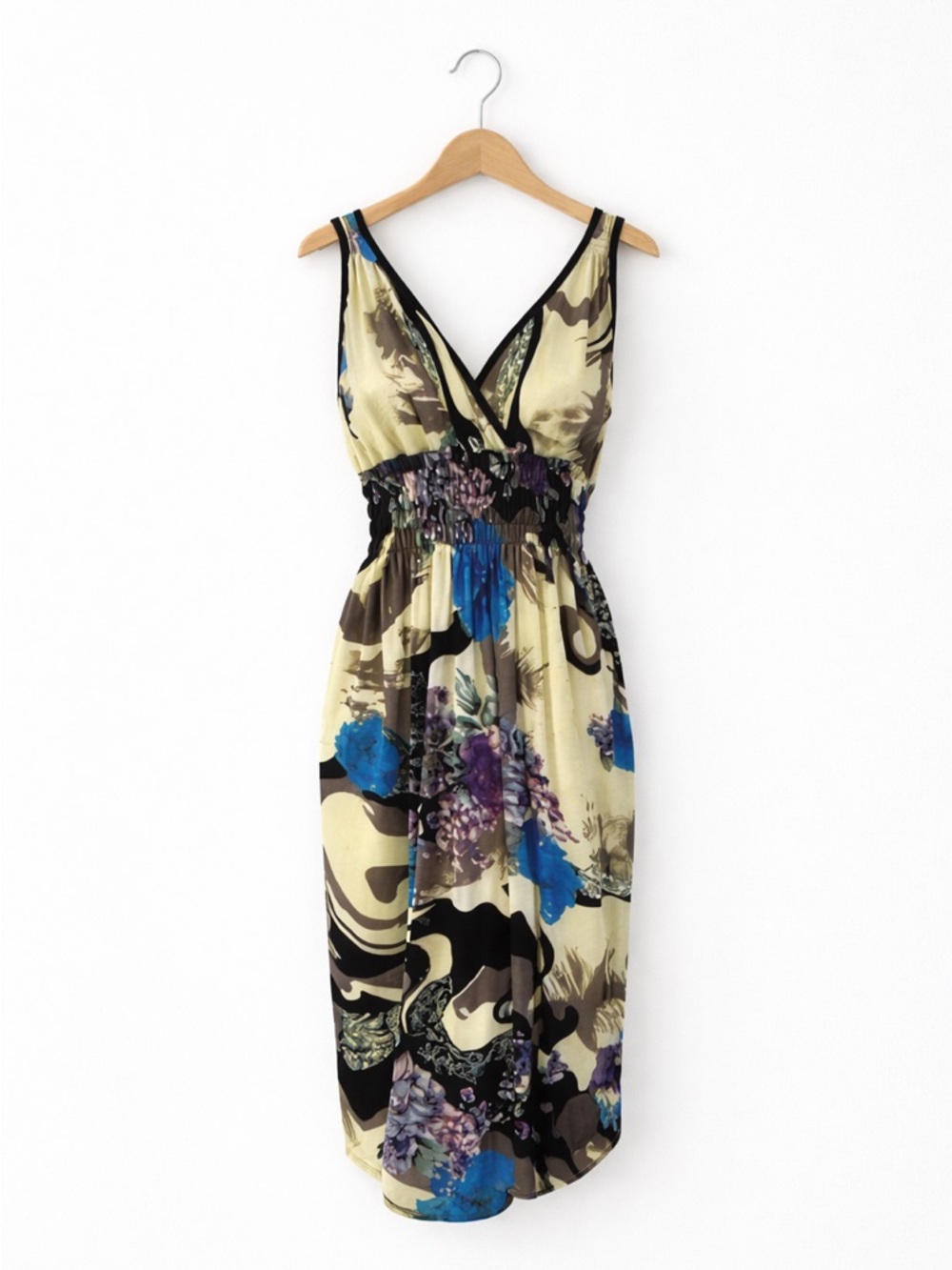 Floral Midi Dress Criss Cross Back Blue Beige Black Sleeveless Fit & Flare M